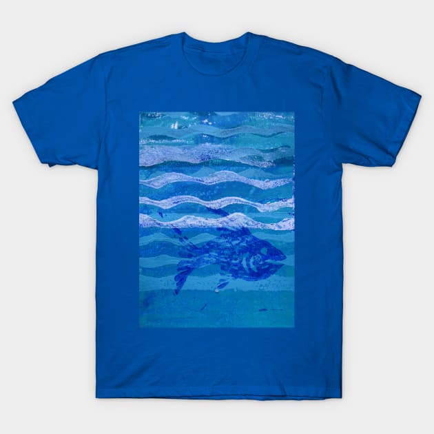 Fish and Waves Monoprint in Acrylic T-Shirt by Heatherian